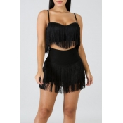 Lovely Sexy Tassel Design Black Two-pieces Shorts 