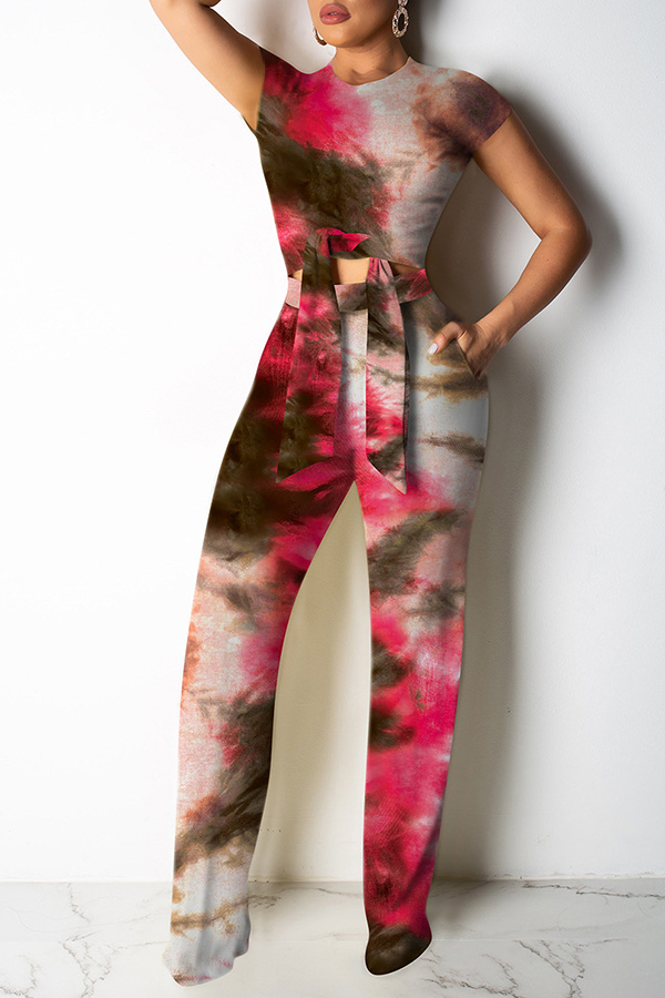 Lovely Leisure Tie-dye Red Two-piece Pants Set_Two Pieces_LovelyWholesale | Wholesale Shoes 