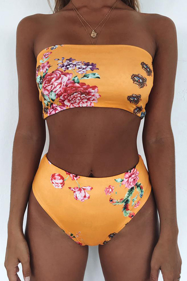 

Lovely Sexy Floral Printed Yellow Two-piece Swimwear