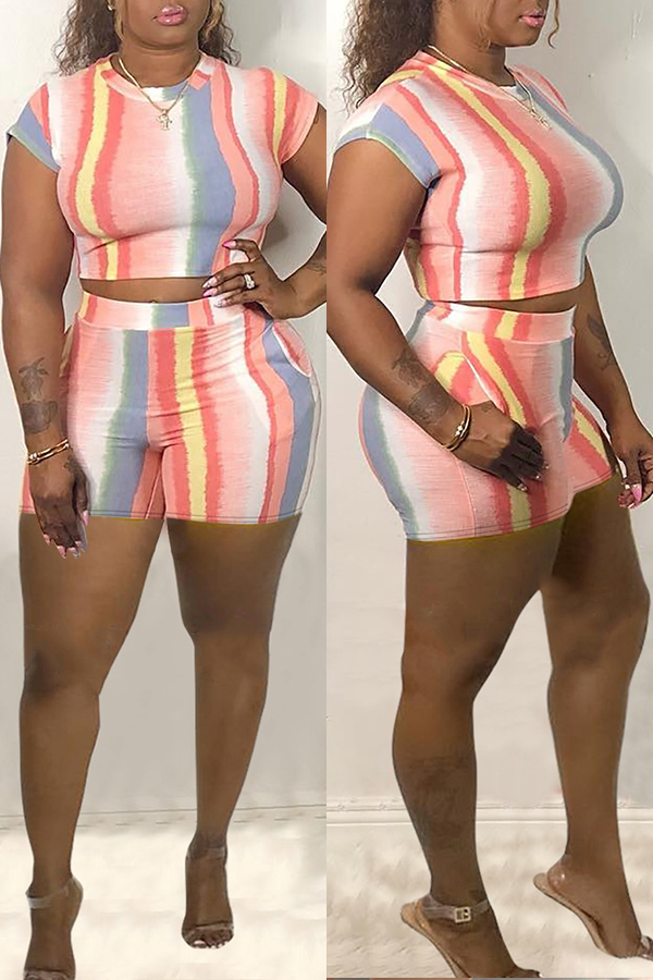 

Lovely Trendy Striped Light Pink Two-piece Shorts Set