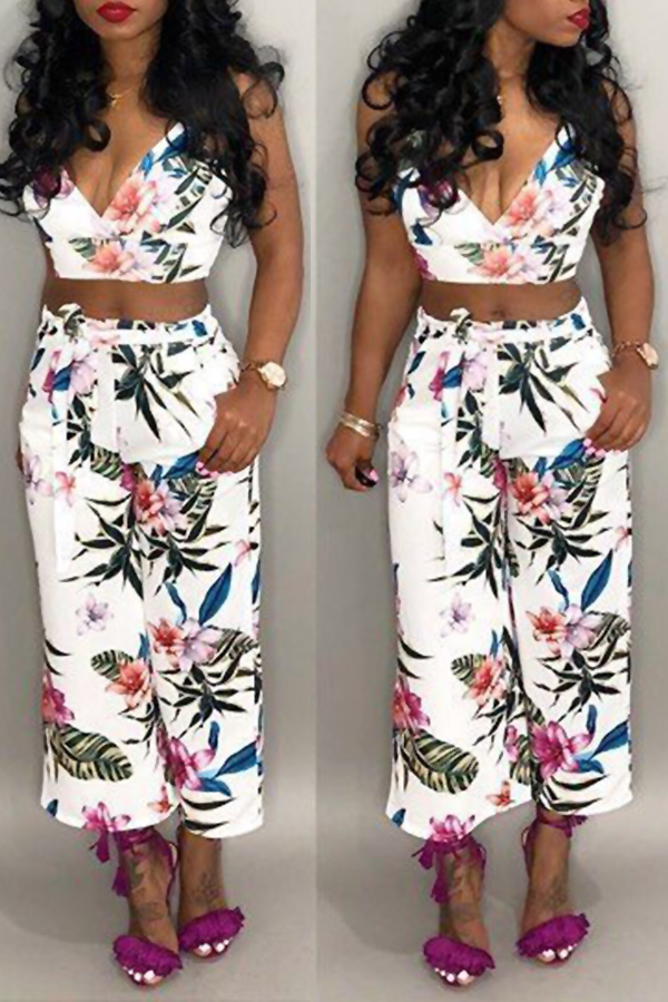 Lovely Casual Floral Printed White Two-piece Pants Set