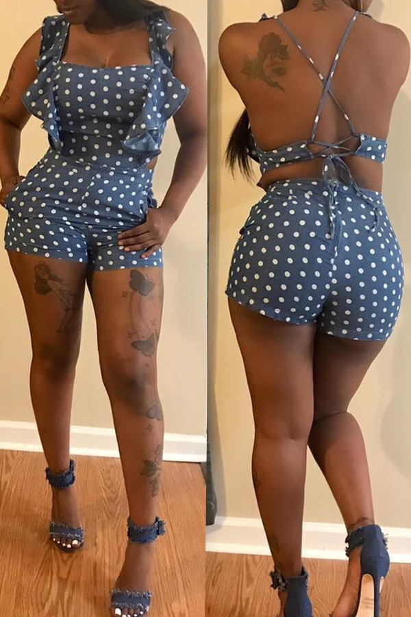 

Lovely Casual Dot Printed Blue One-piece Romper