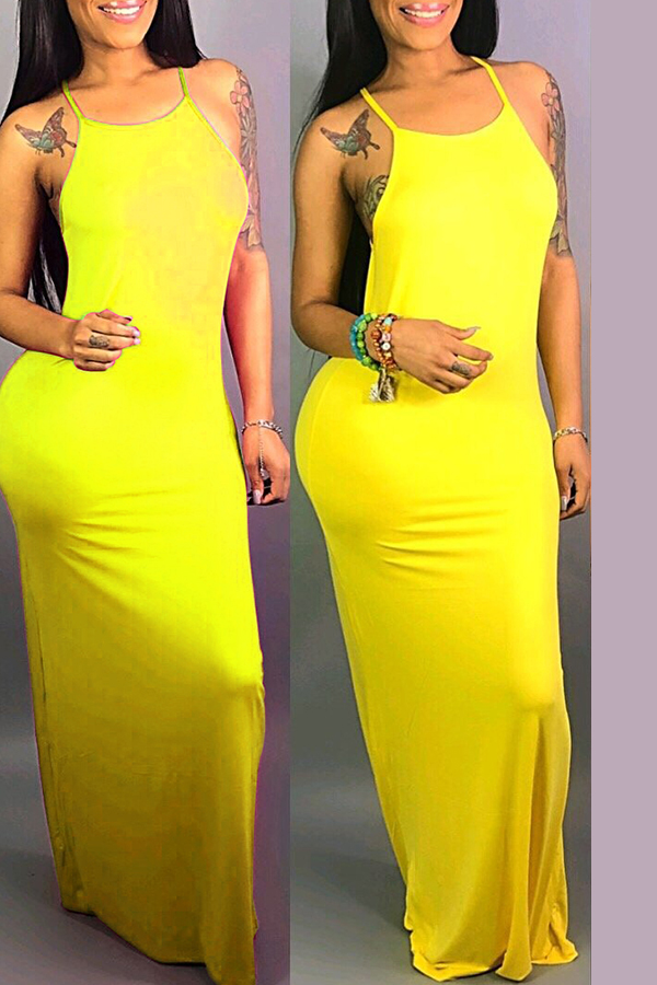 Lovely Casual Sleeveless Yellow Floor Length Maxi Dress(With Elastic
