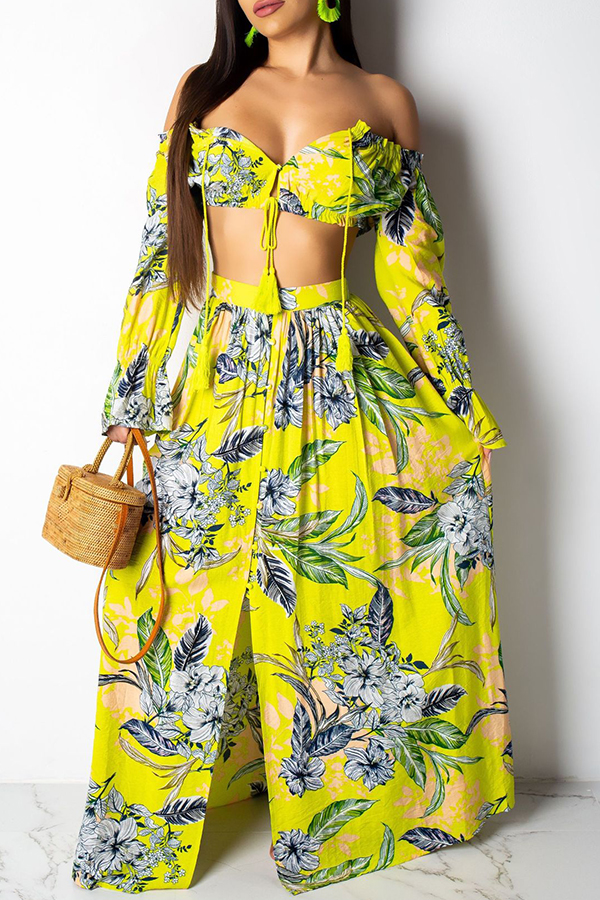 

Lovely Bohemian Floral Printed Yellow Two-piece Skirt Set