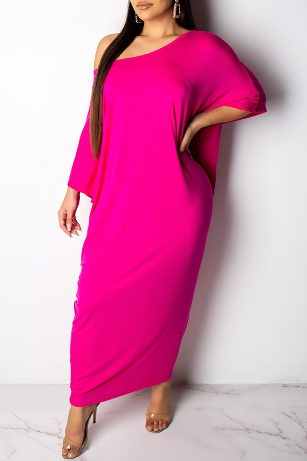 

Lovely Casual Batwing Sleeve Loose Rose Red Ankle Length Dress