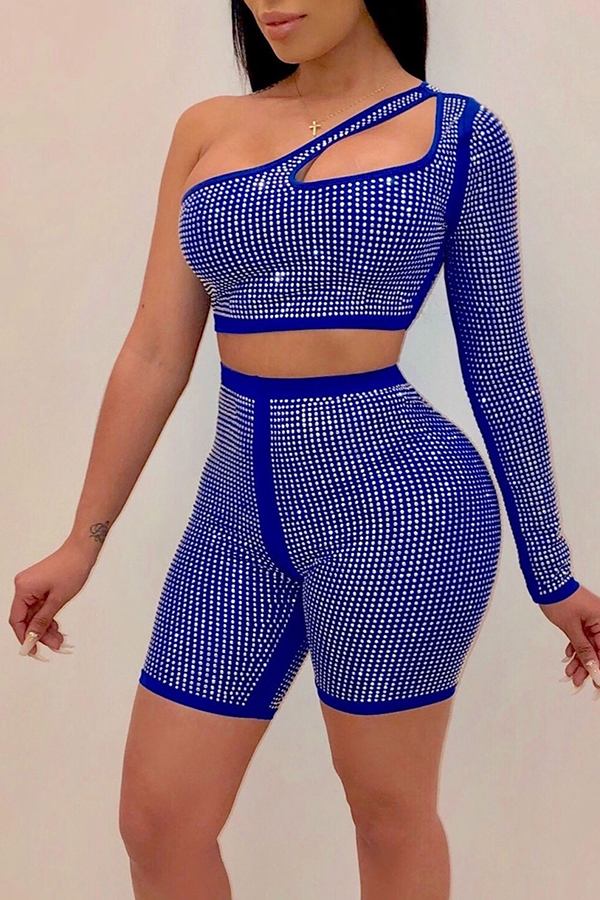 

Lovely Sexy One Shoulder Hollow-out Blue Two-piece Shorts Set