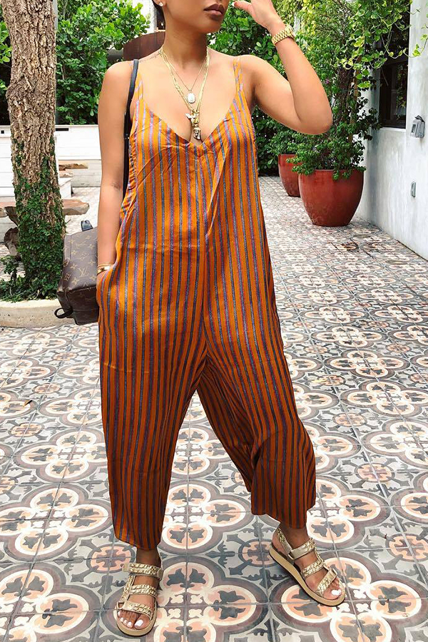

Lovely Casual Striped Brown Loose One-piece Jumpsuit(With Elastic)