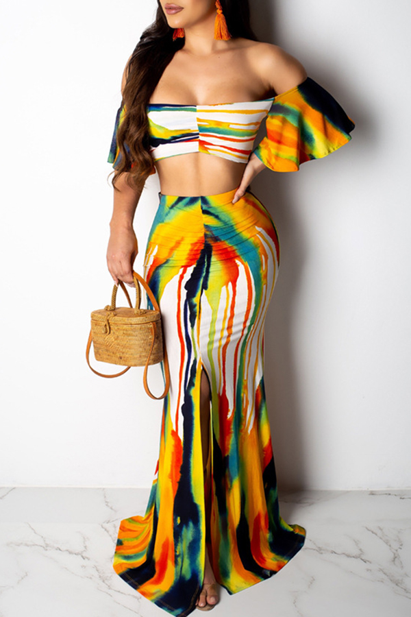 

Lovely Tie-dye Yellow Two-piece Skirt Set