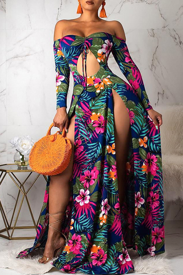 

Lovely Sexy Floral Printed Hollow-out Rose Red Floor Length Dress