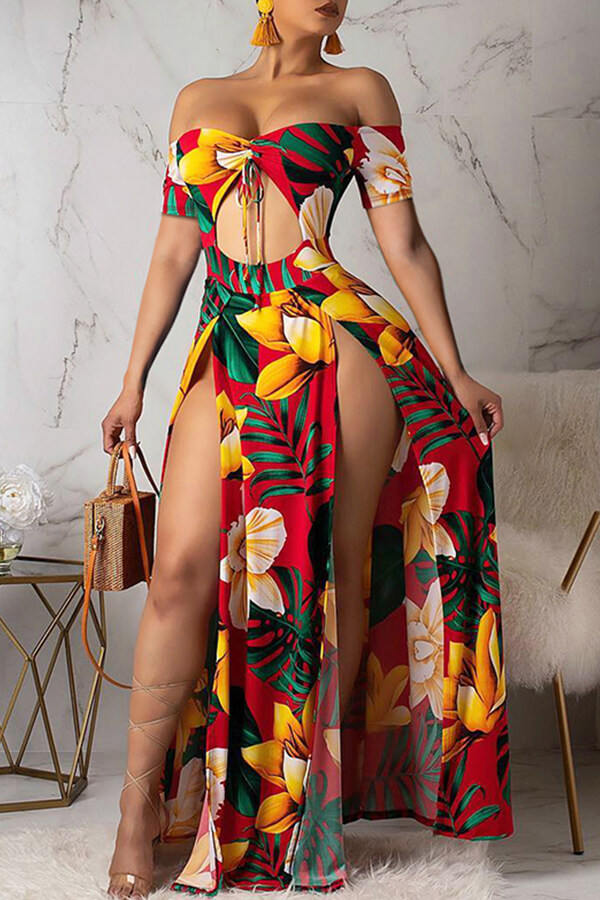 off shoulder gown with elastic