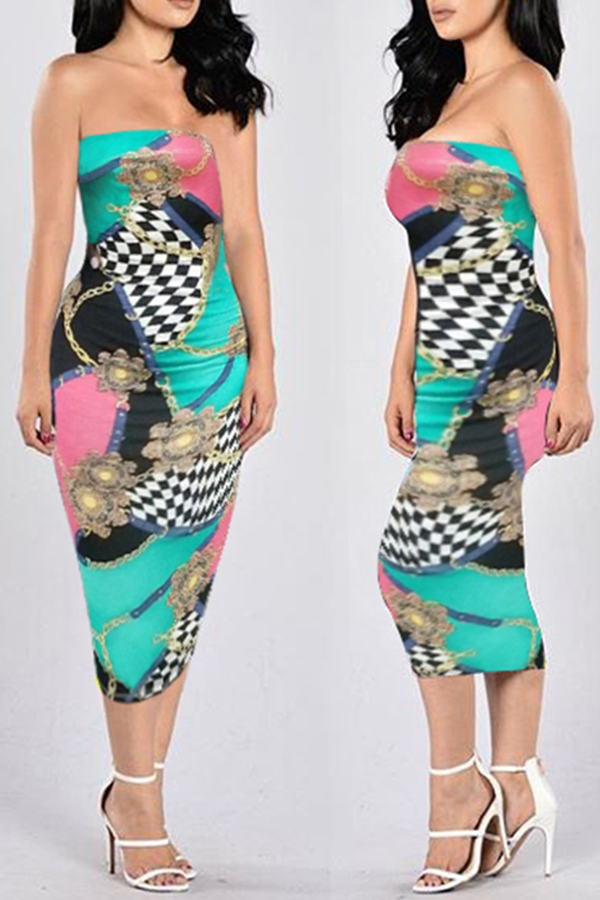 

Lovely Women’s Off The Shoulder Printed Light Blue Knee Length Dress(With Elastic)