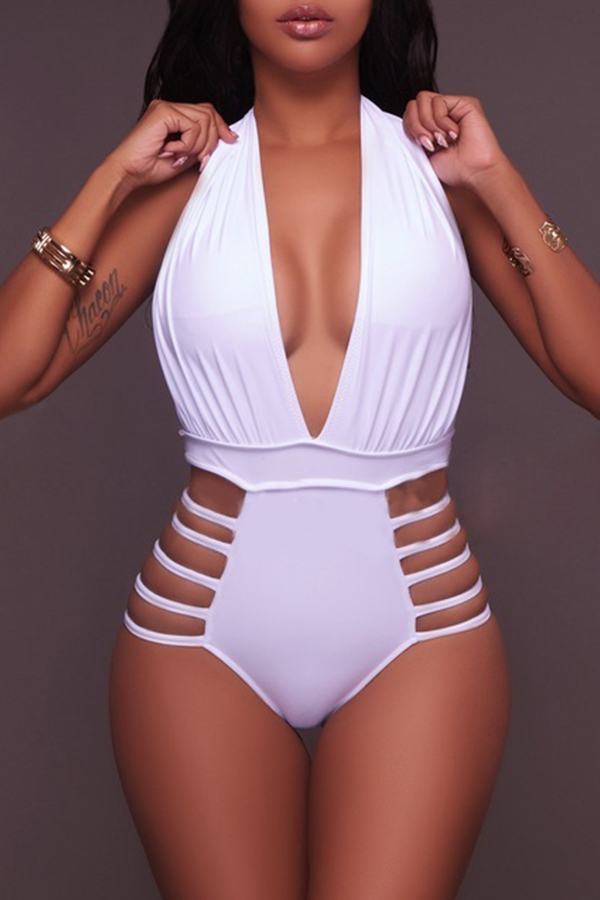 

Lovely Deep V Neck Hollow-out White One-piece Swimwear