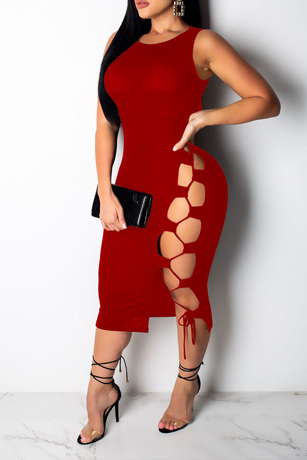 

Lovely Casual Lace-up Hollow-out Wine Red Mid Calf Dress(With Elastic)