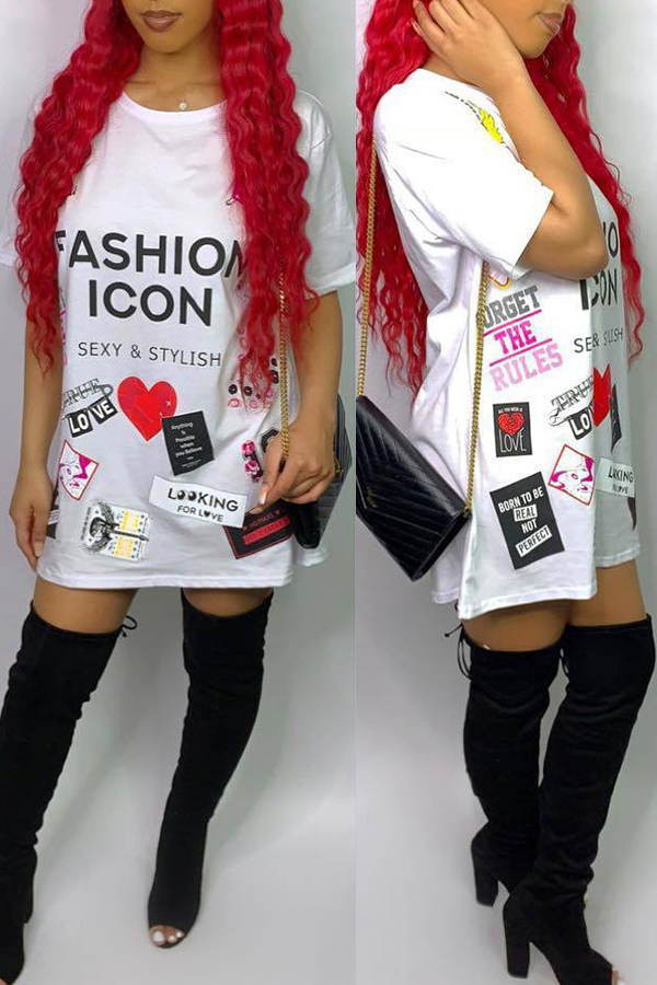 

Lovely Casual Letter Printed White Mini Dress(With Elastic)