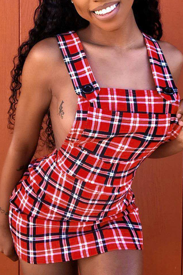 

Lovely Sexy U Neck Backless Plaid Red Mini A Line Dress(With Elastic)