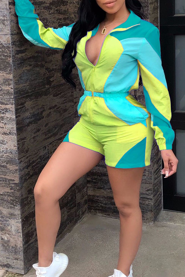 

Lovely Casual Patchwork Green One-piece Romper(Nonelastic