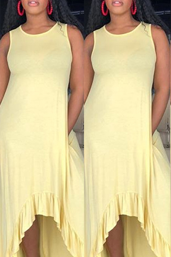 

Lovely Casual Asymmetrical Yellow Ankle Length Dress(With Elastic)