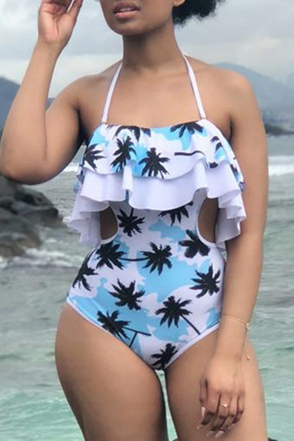 

Lovely Printed Ruffle Design Light BlueOne-piece Swimwear