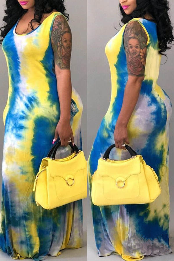 

LW Casual Tie-dye Multicolor Floor Length Dress(With Elastic), Multi