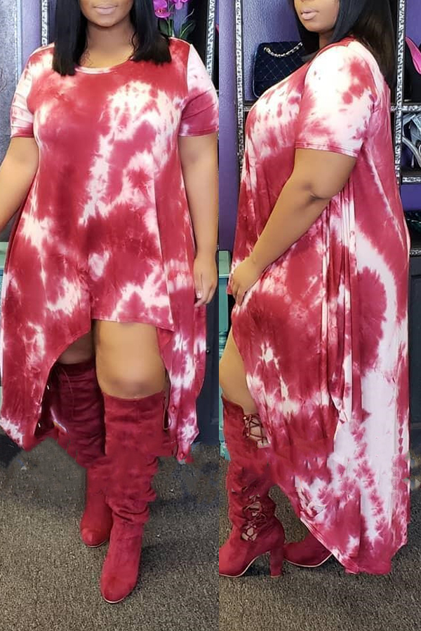 

Lovely Casual Tie-dye Asymmetrical Rose Red Dress