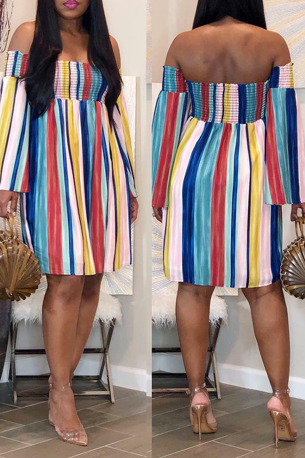 

Lovely Women’s Off The Shoulder Striped Knee Length Dress(With Elastic)