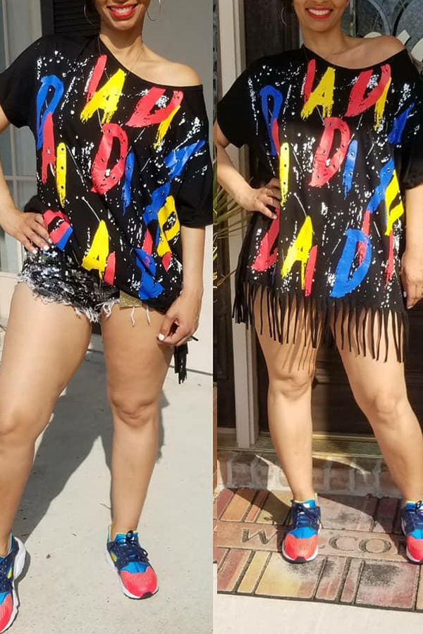 

Lovely Casual Letter Printed Tassel Mini Dress(With Elastic)