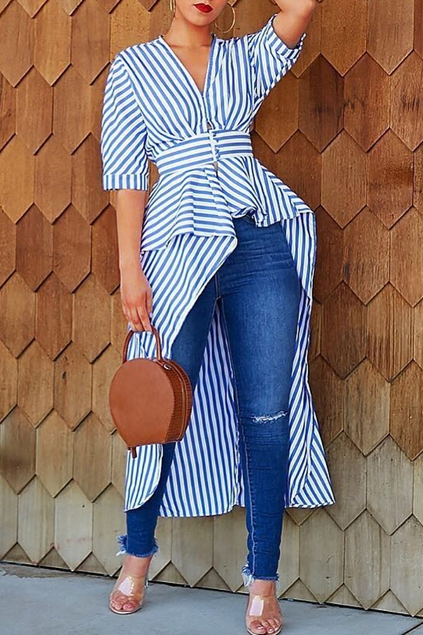 

Lovely Casual Striped Asymmetrical Blue Blouse