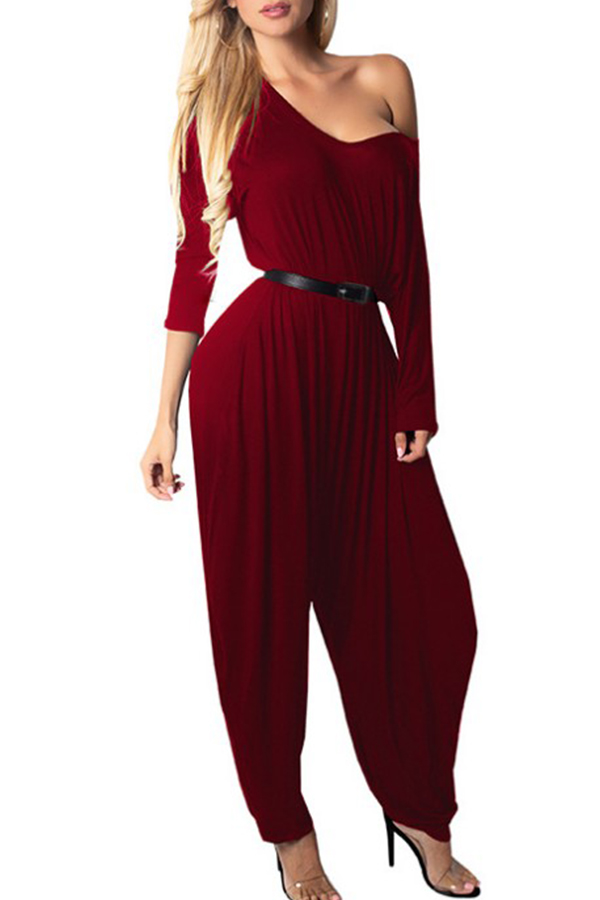 

Lovely Casual One Shoulder Red One-piece Jumpsuit(Without Belt)