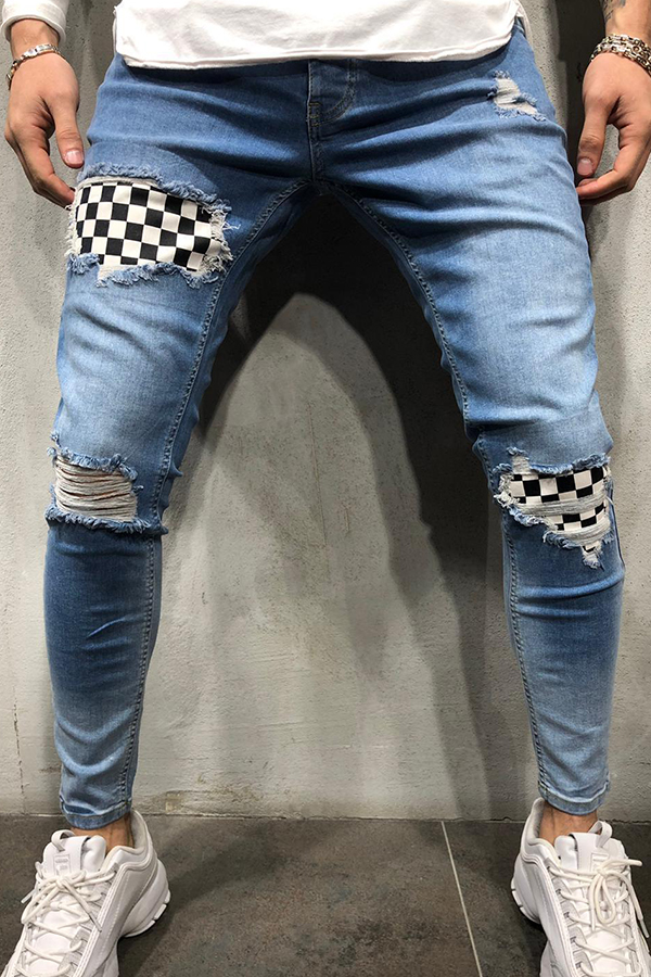 

Lovely Stylish Broken Holes Patchwork Baby Blue Jeans