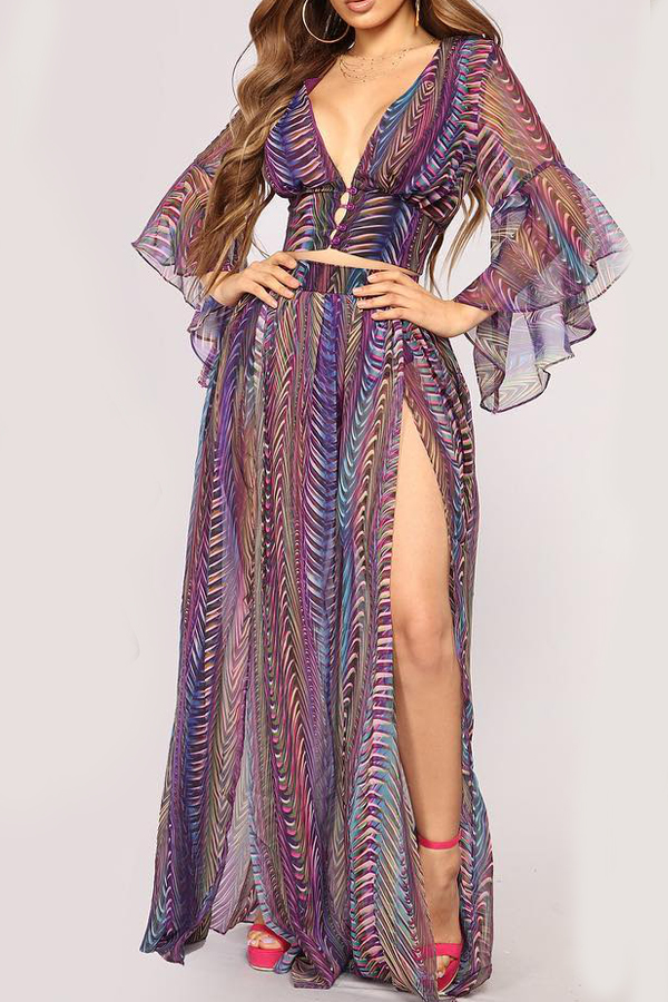 

Lovely Trendy V Neck Printed Two-piece Skirt Set
