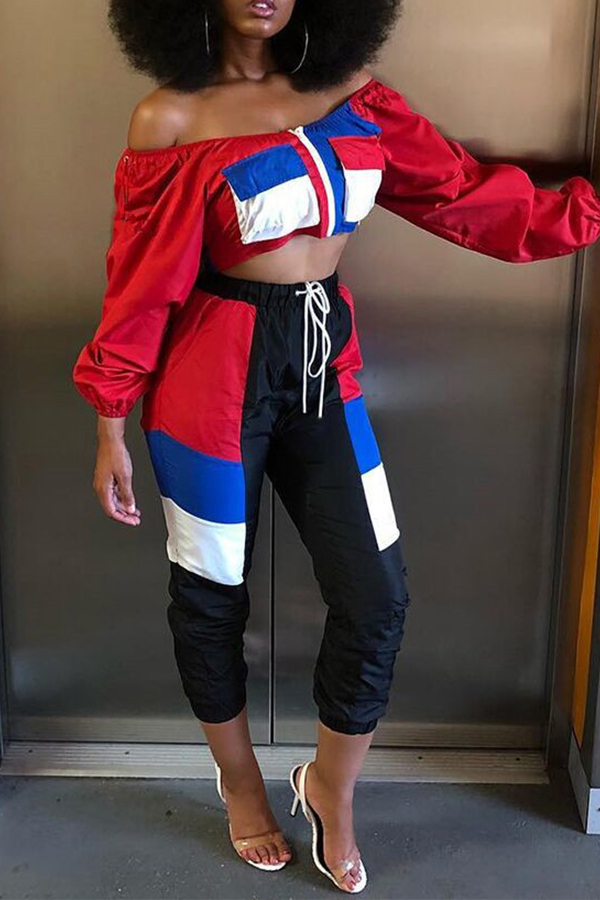 

Lovely Casual Patchwork Zipper Design Red Two-piece Pants Set