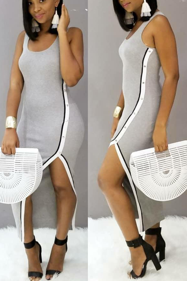 

Lovely Casual Patchwork Light Grey Mid Calf Maxi Dress