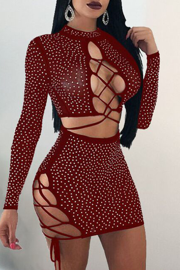 

Lovely Sexy Hollowed-out Wine Red Two-piece Skirt Set