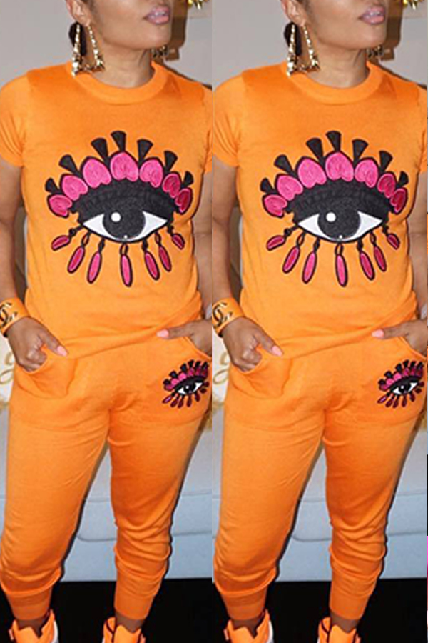 

Lovely Casual Printed Orange Two-piece Pants Set