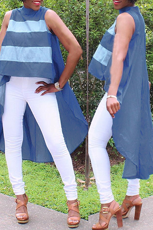 

Lovely Casual Asymmetrical Patchwork Blue Blouses