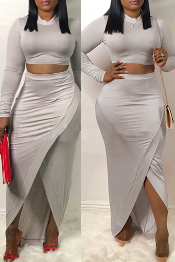 

Lovely Casual O Neck Asymmetrical Grey Two-piece Skirt Set