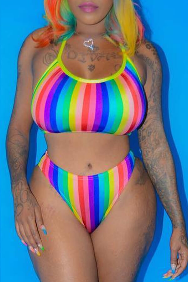 

Lovely Chic Rainbow Striped Two-piece Swimwear(With Headband), Multi