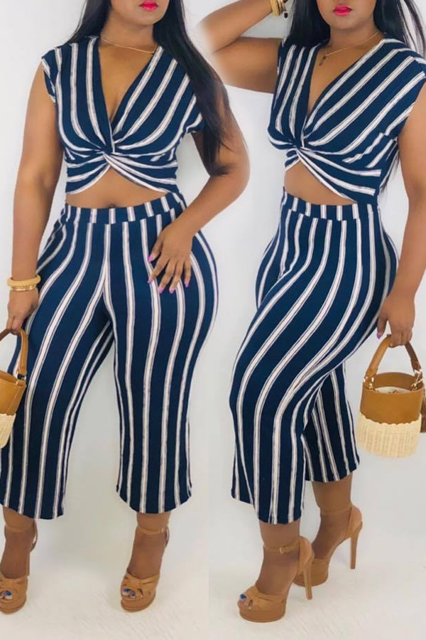 

Lovely Trendy V Neck Striped Blue Two-piece Pants Set