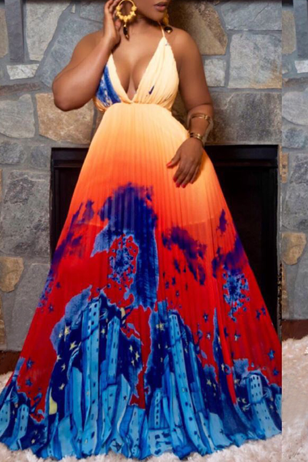 

Lovely Sexy V Neck Printed Backless Orange Floor Length A Line Dress