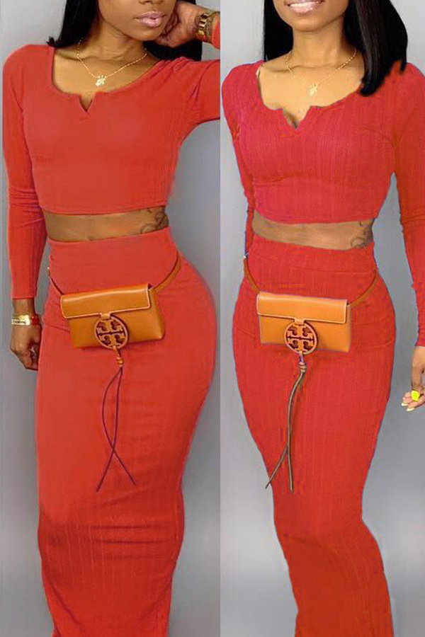 

Lovely Casual O Neck Red Two-piece Skirt Set(Without Waist Pack)