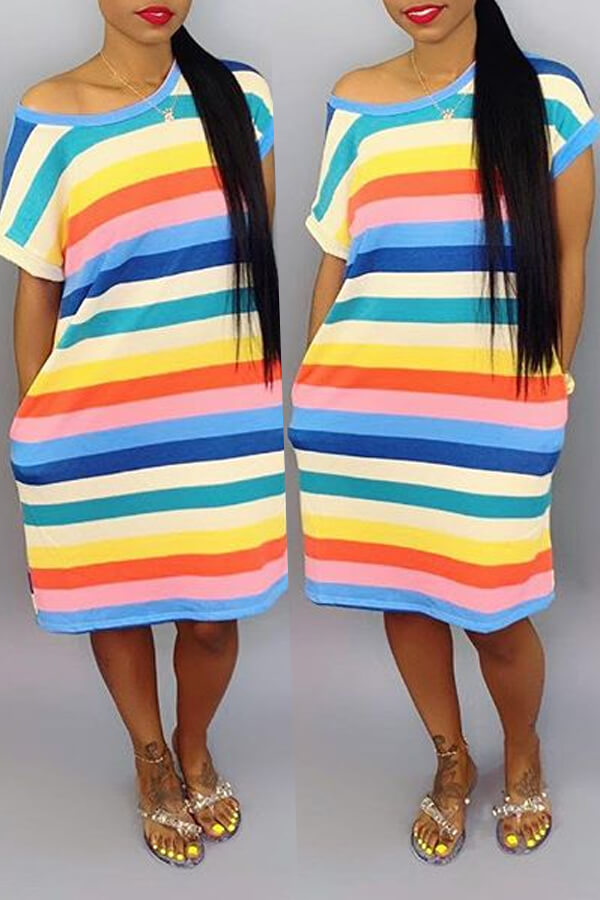 

Lovely Casual O Neck Striped Knee Length Dress, Multi