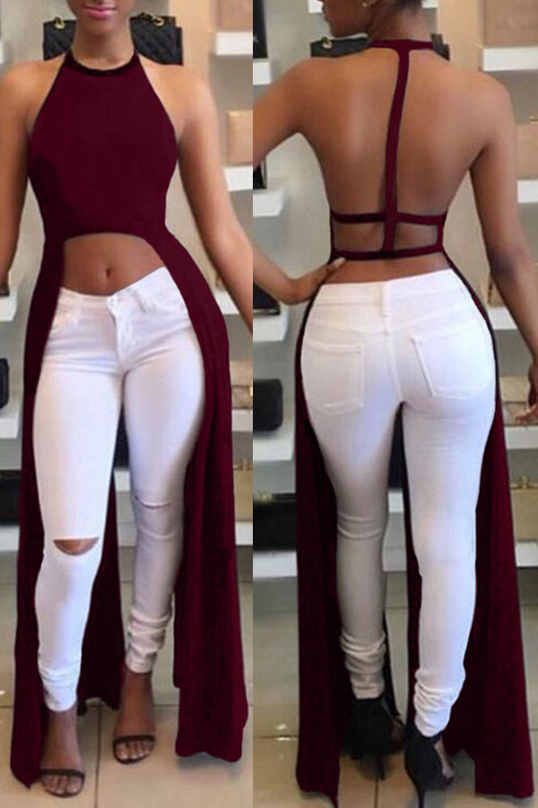 

Lovely Sexy Backless Asymmetrical Wine Red Blouse