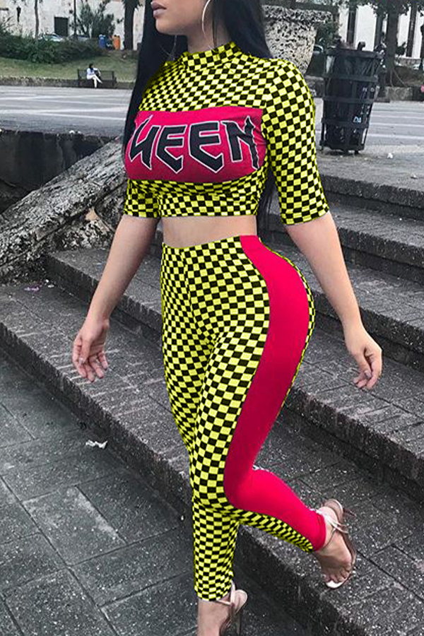 

Lovely Women’s Plaid Printed Patchwork Yellow Two-piece Pants Set