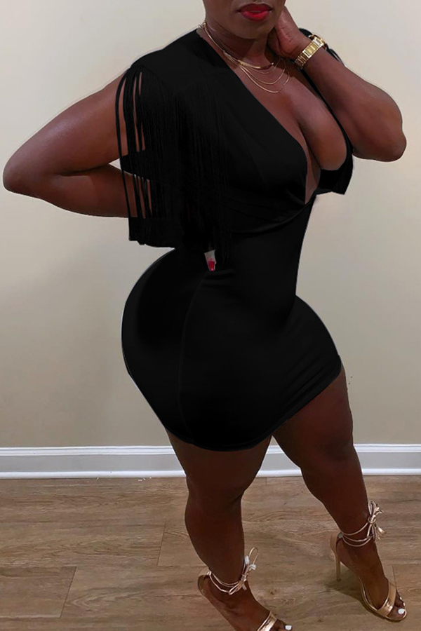 

Lovely Sexy Deep V Neck Tassel Design Black Mini Dress