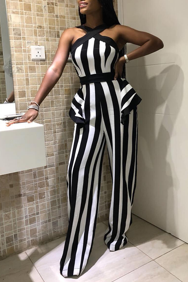 

Lovely Stylish Off The Shoulder Striped Black-white One-piece Jumpsuit