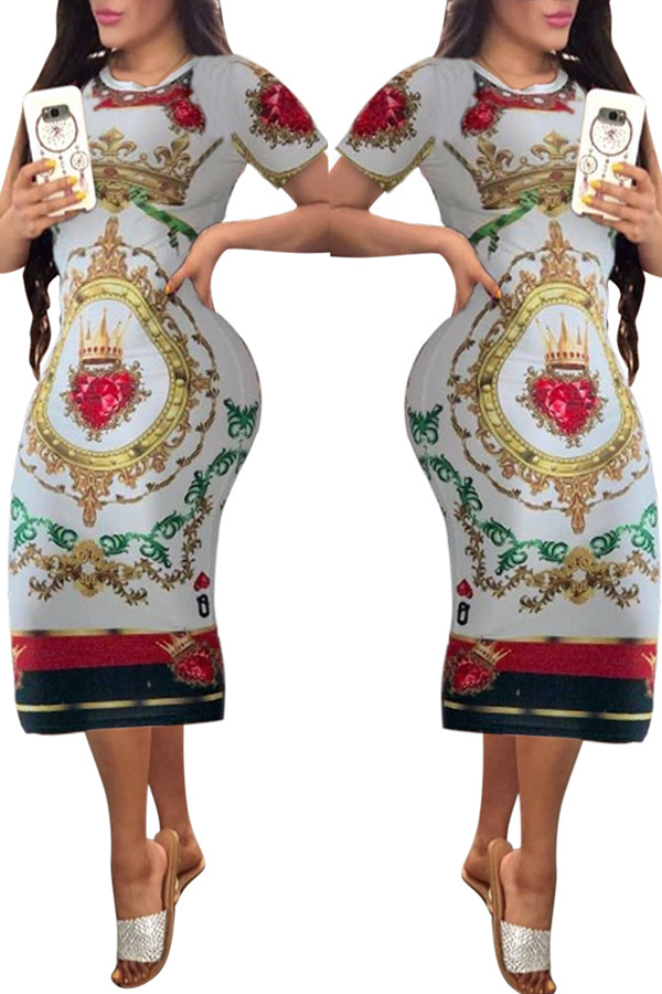 

Lovely Stylish O Neck Totem Printed White Dress