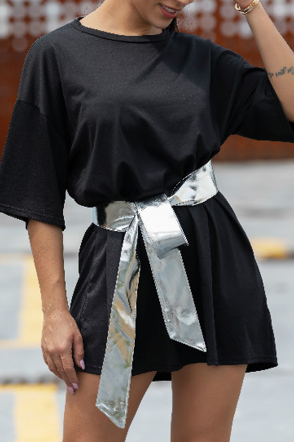 

Lovely Casual O Neck Black Mini Dress(With Belt)