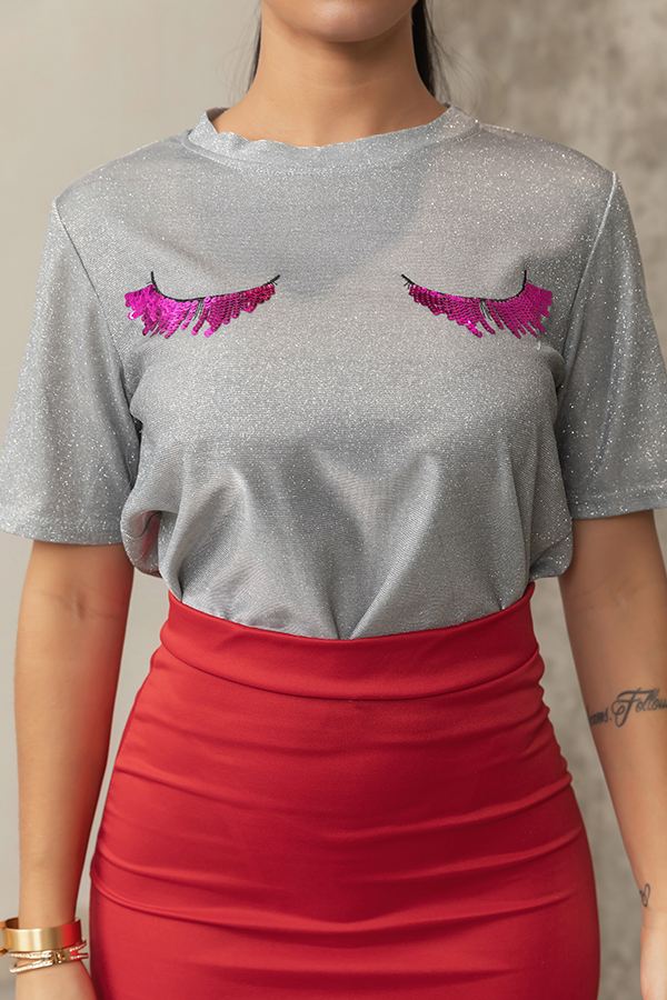 

Lovely Stylish O Neck Eyelash Type Decoration Grey T-shirt