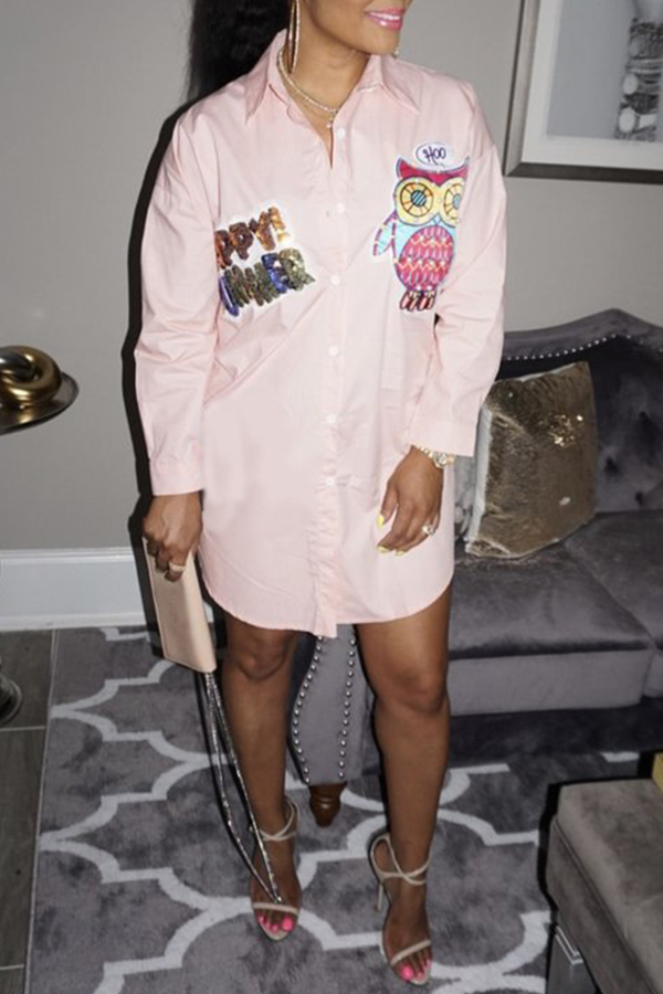 

Lovely Stylish Turndown Collar Owl Printed Light Pink Mini Dress