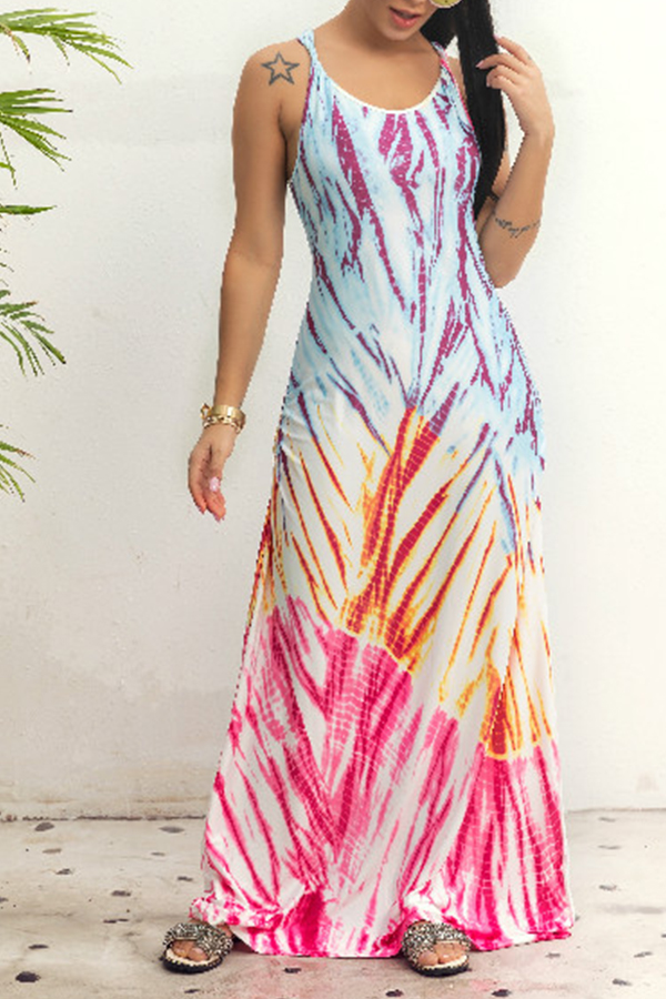 

Lovely Casual U Neck Sleeveless Printed Rose Red Floor Length Dress